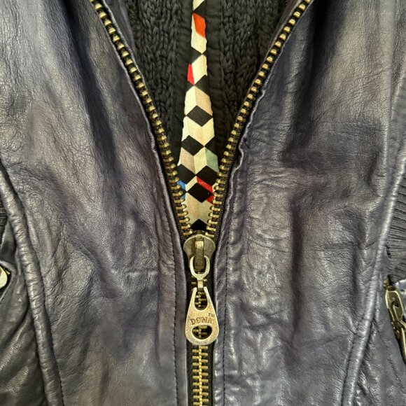 Dark Blue Doma Mixed Media Leather Jacket - Biker Style with removable hood - Picture 6 of 12